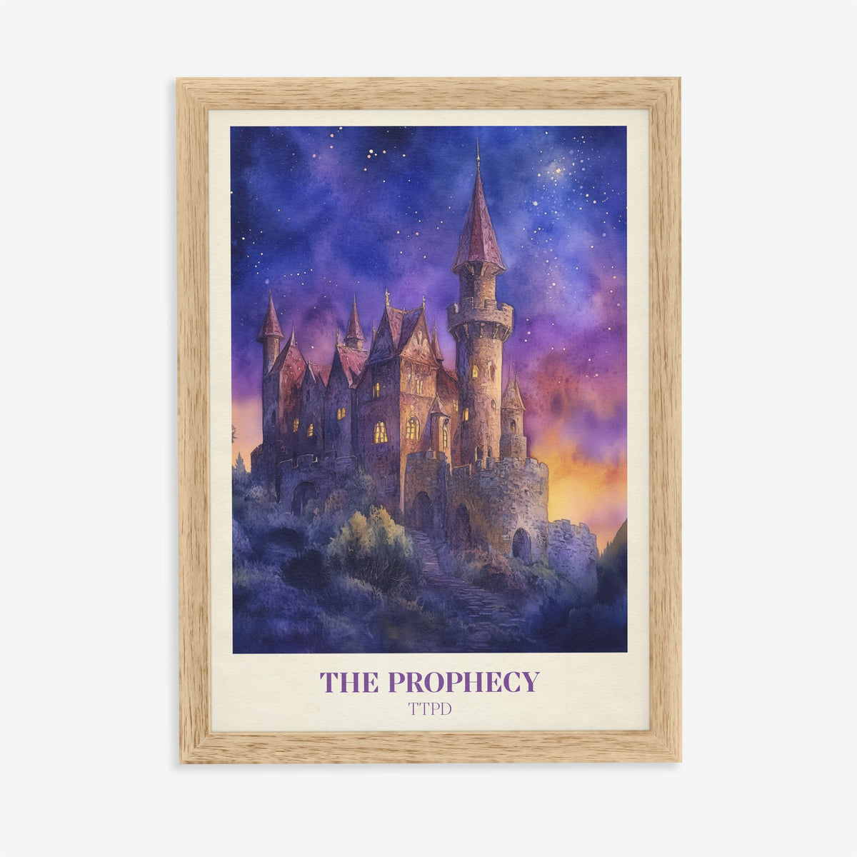 The Prophecy Taylor Swift print of a castle under a starry purple and orange sky, in an oak frame on a plain wall