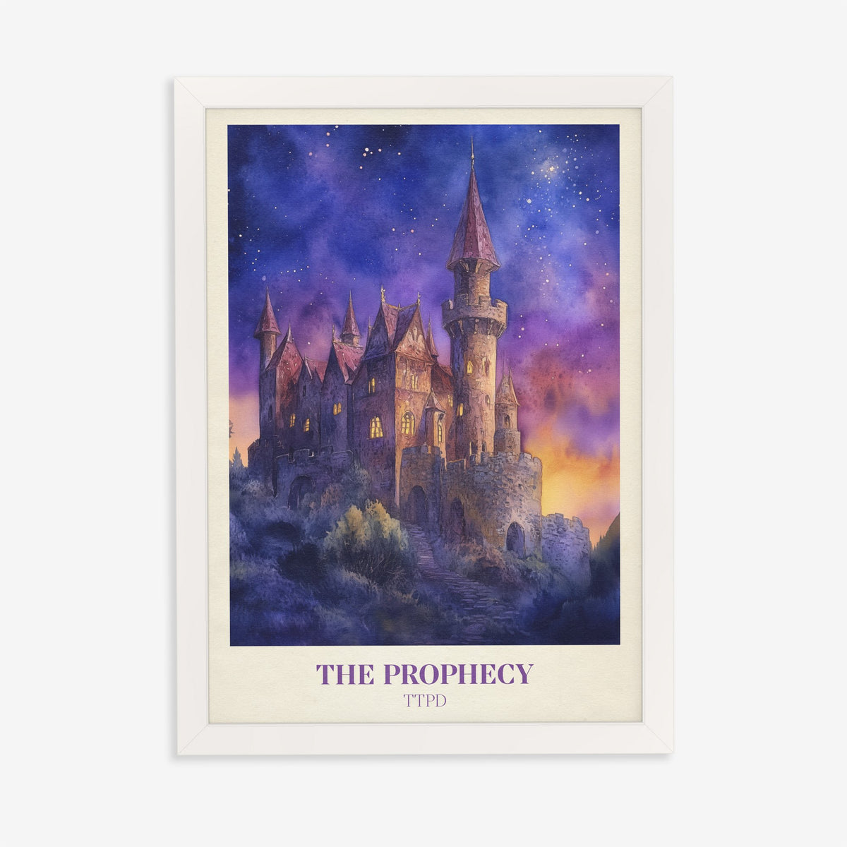 The Prophecy Taylor Swift print of a castle under a starry purple and orange sky, in a white frame on a plain wall