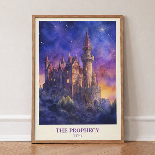 The Prophecy Taylor Swift print of a castle under a starry purple and orange sky, in an oak frame, leaning against a wall on a herringbone floor