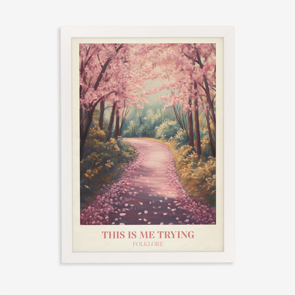This Is Me Trying Taylor Swift print of a winding path under pink blossom trees, in a white frame on a plain wall