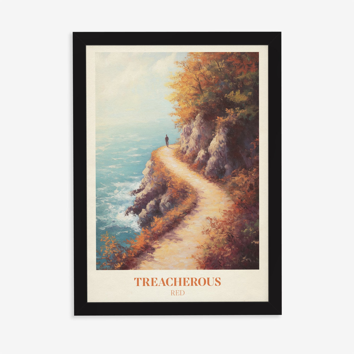 Treacherous Taylor Swift print of a lone walker on a cliff path above the sea in autumn, in a black frame on a plain wall
