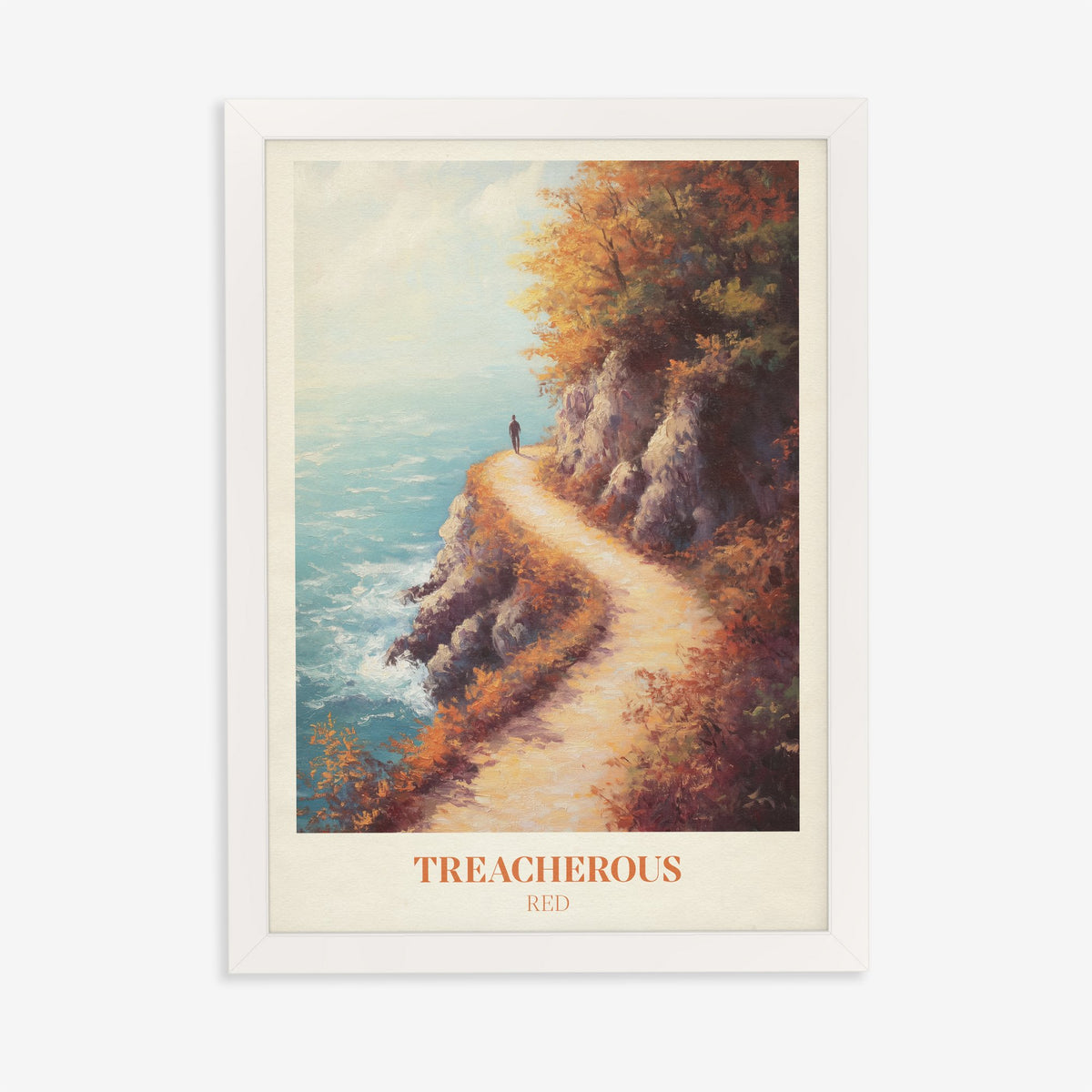 Treacherous Taylor Swift print of a lone walker on a cliff path above the sea in autumn, in a white frame on a plain wall