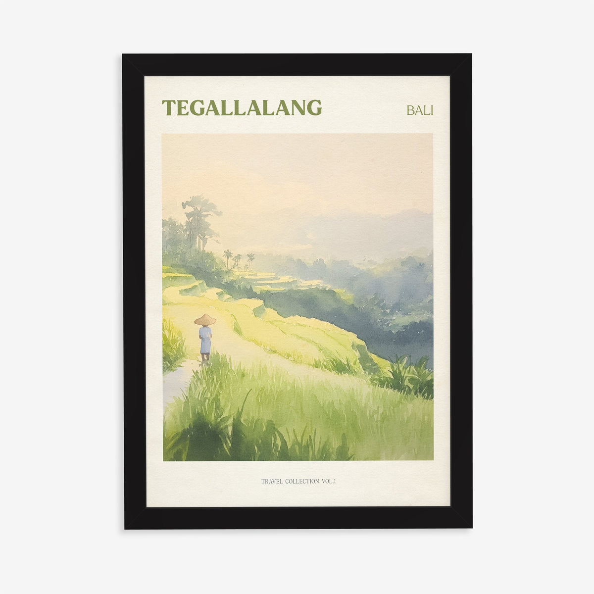 Tegallalang travel print of green rice terraces in Bali with a farmer in a conical hat, in a black frame on a plain wall