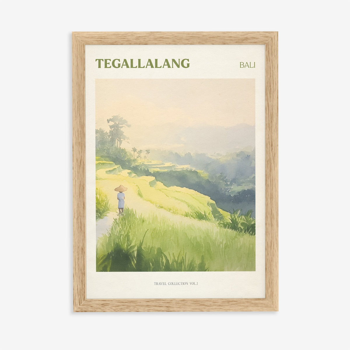Tegallalang travel print of green rice terraces in Bali with a farmer in a conical hat, in an oak frame on a plain wall