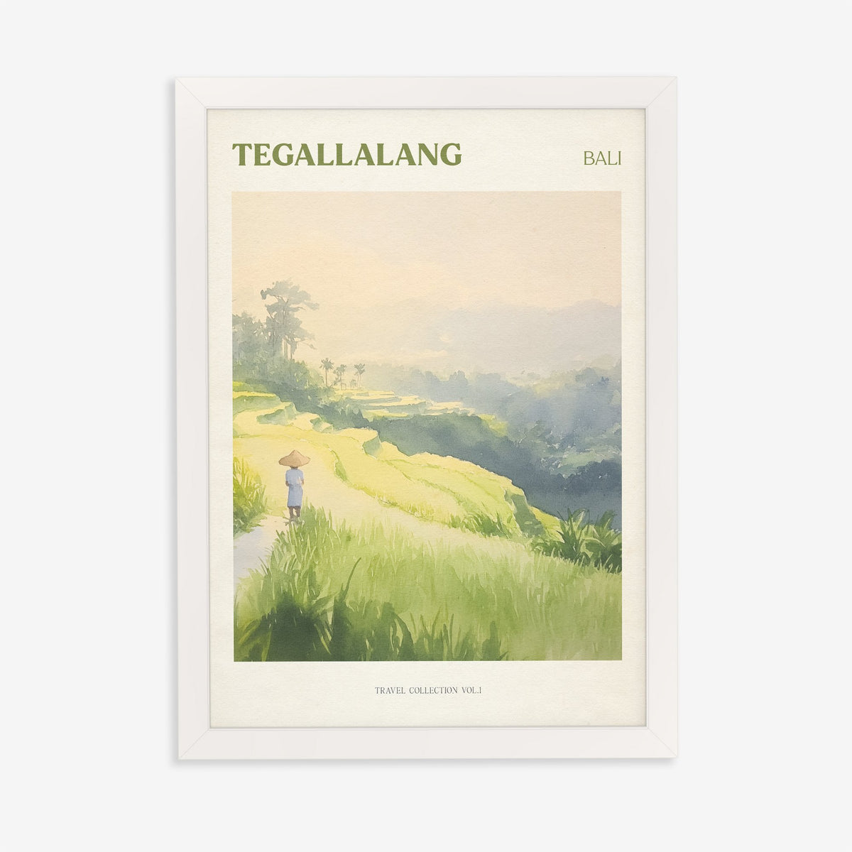 Tegallalang travel print of green rice terraces in Bali with a farmer in a conical hat, in a white frame on a plain wall