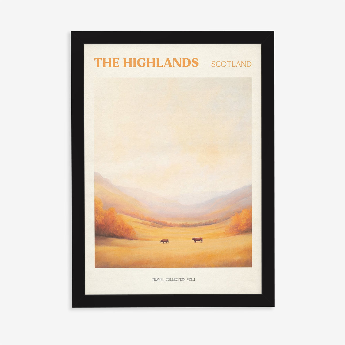 Highlands travel print of a golden autumn glen with two Highland cows under a soft peach sky, in a black frame on a plain wall