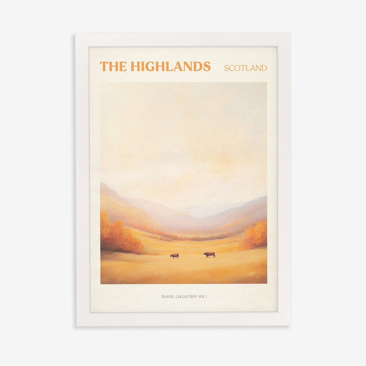 Highlands travel print of a golden autumn glen with two Highland cows under a soft peach sky, in a white frame on a plain wall