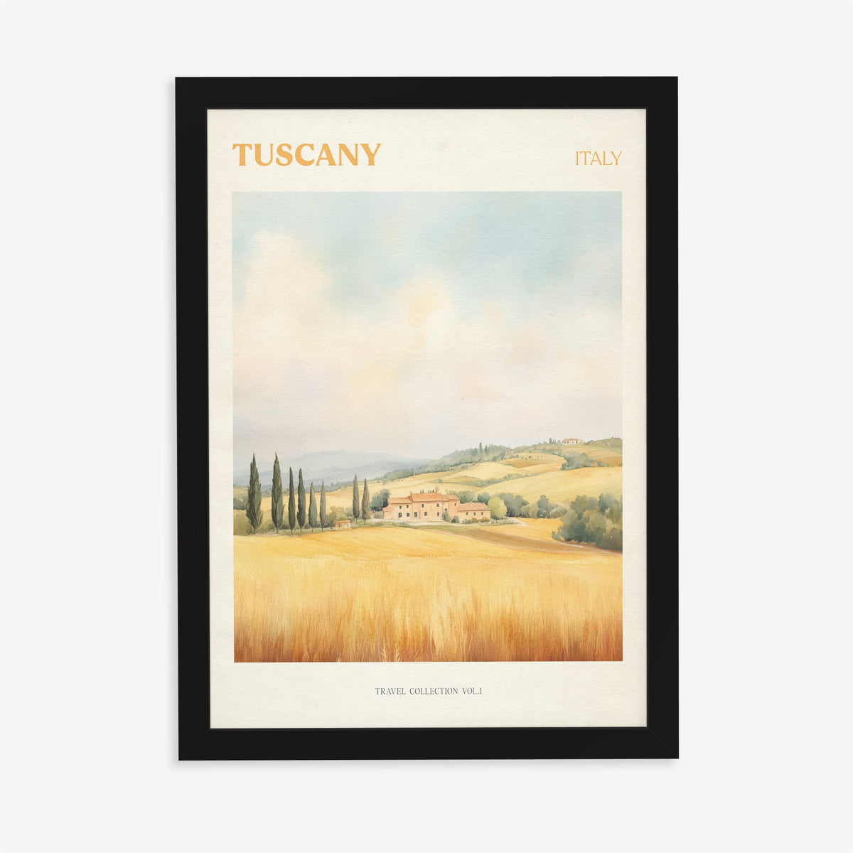 Tuscany travel print of a hilltop farmhouse above golden wheat fields and cypress trees, in a black frame on a plain wall
