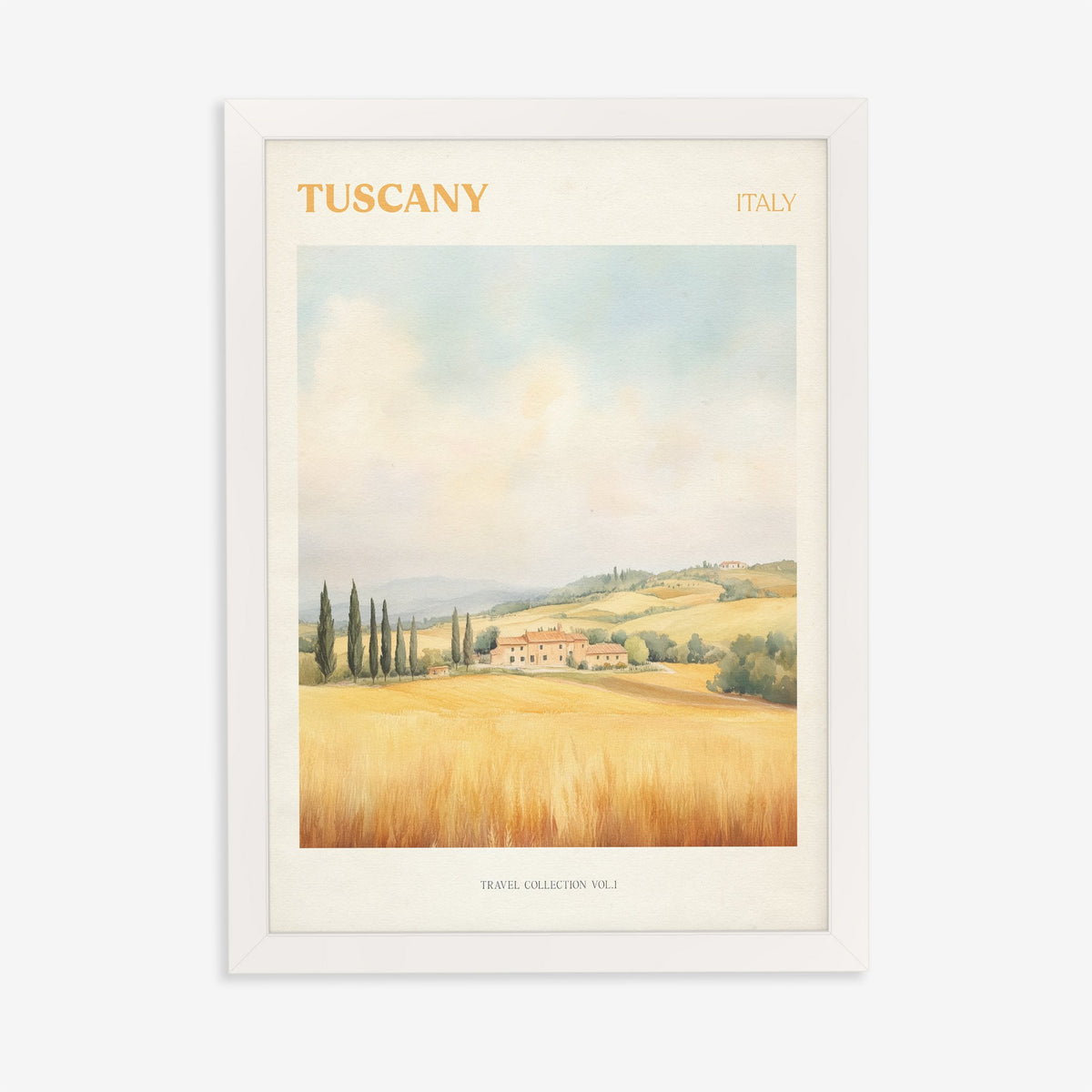 Tuscany travel print of a hilltop farmhouse above golden wheat fields and cypress trees, in a white frame on a plain wall