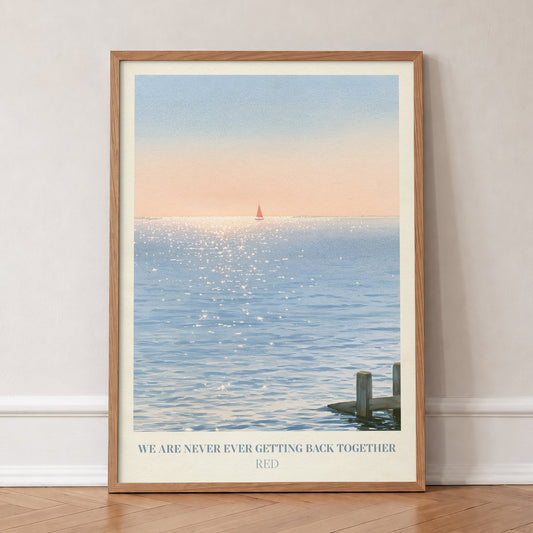We Are Never Ever Getting Back Together Taylor Swift print of a red sailboat, in an oak frame, leaning against a wall on a herringbone floor