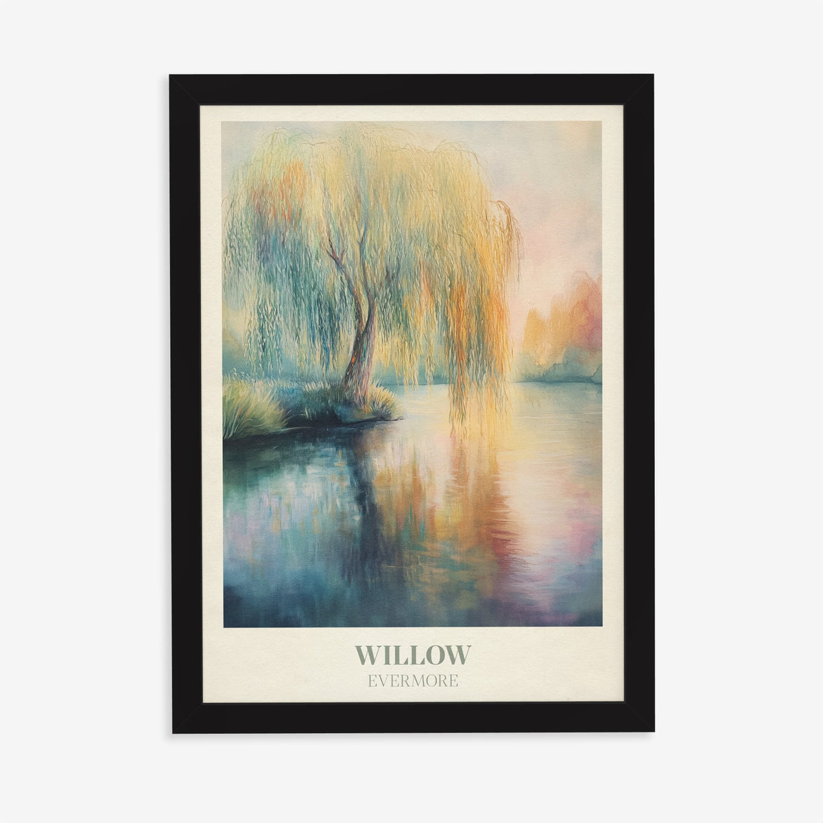Willow Taylor Swift print of a weeping willow reflected in a still lake, in a black frame on a plain wall