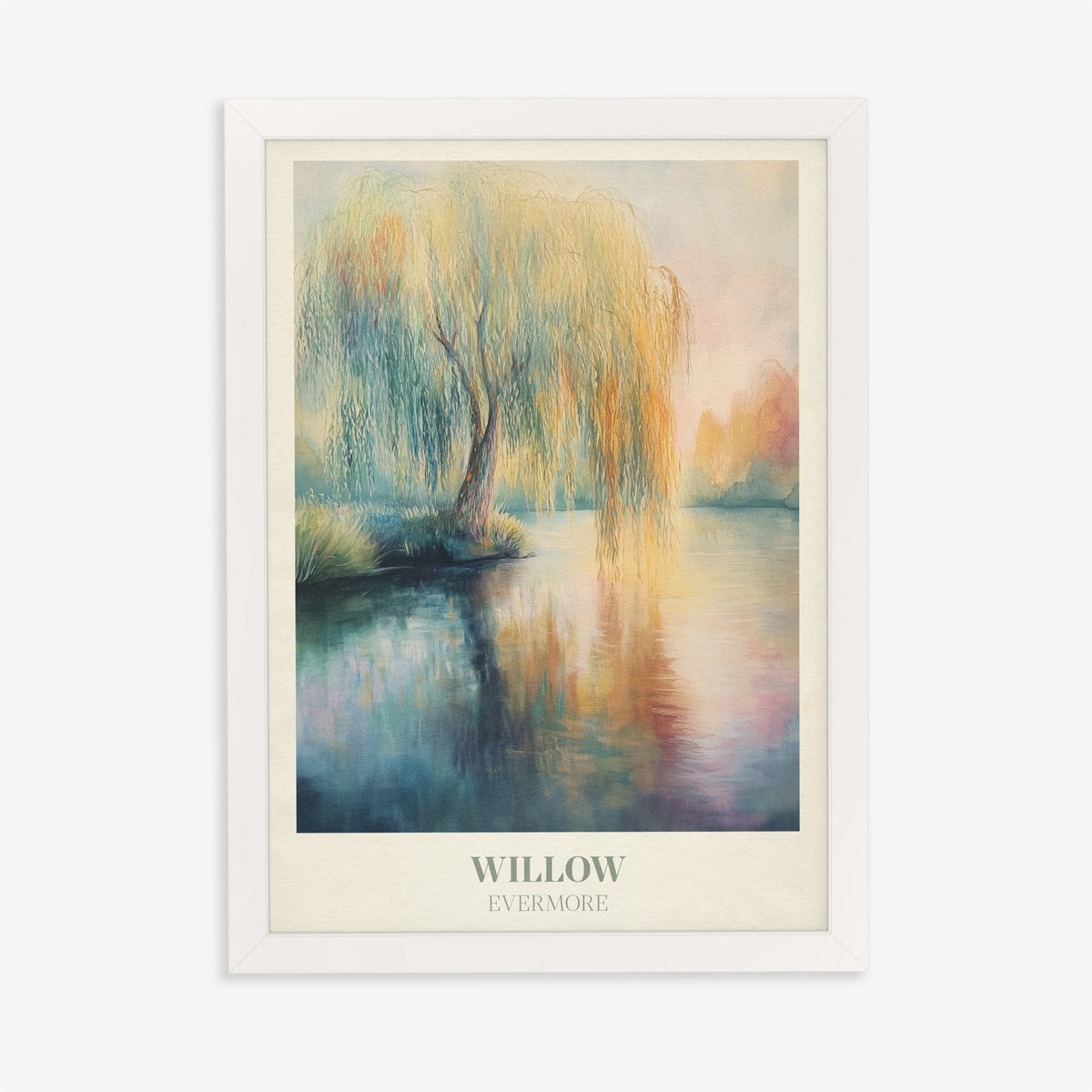 Willow Taylor Swift print of a weeping willow reflected in a still lake, in a white frame on a plain wall