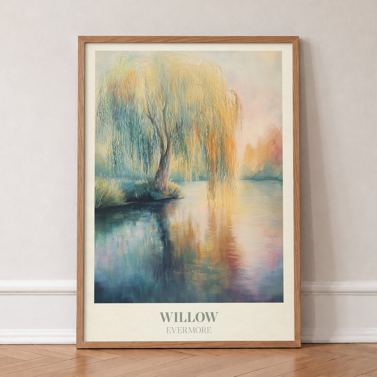 Willow Taylor Swift print of a weeping willow reflected in a still lake, in an oak frame, leaning against a wall on a herringbone floor