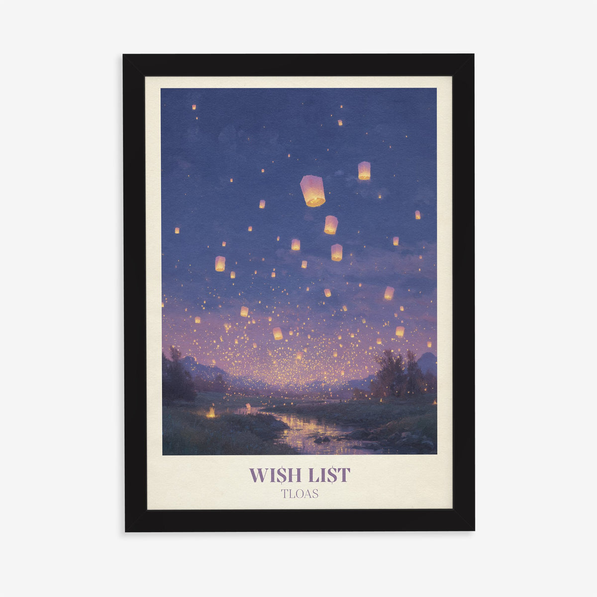 Wish List Taylor Swift print of floating lanterns over a river at twilight, in a black frame on a plain wall