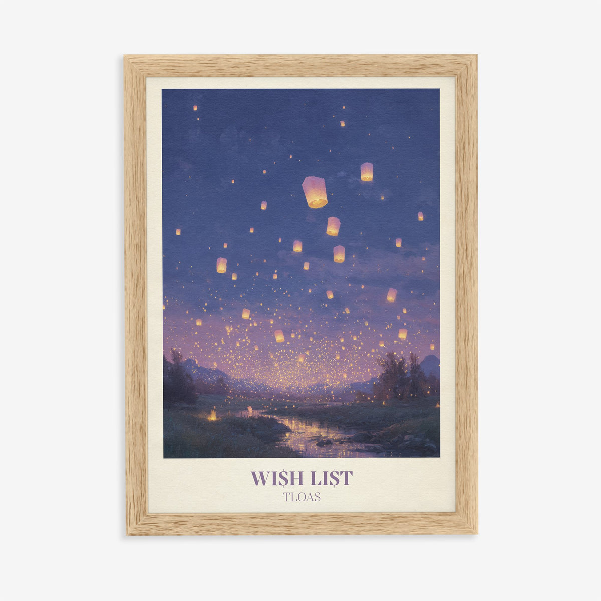 Wish List Taylor Swift print of floating lanterns over a river at twilight, in an oak frame on a plain wall