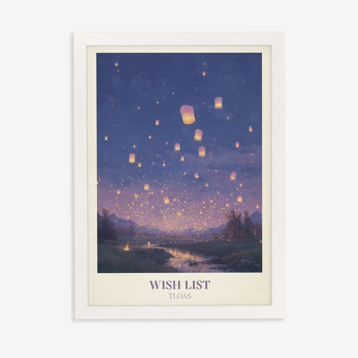 Wish List Taylor Swift print of floating lanterns over a river at twilight, in a white frame on a plain wall