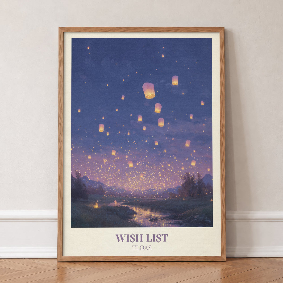 Wish List Taylor Swift print of floating lanterns over a river at twilight, in an oak frame, leaning against a wall on a herringbone floor