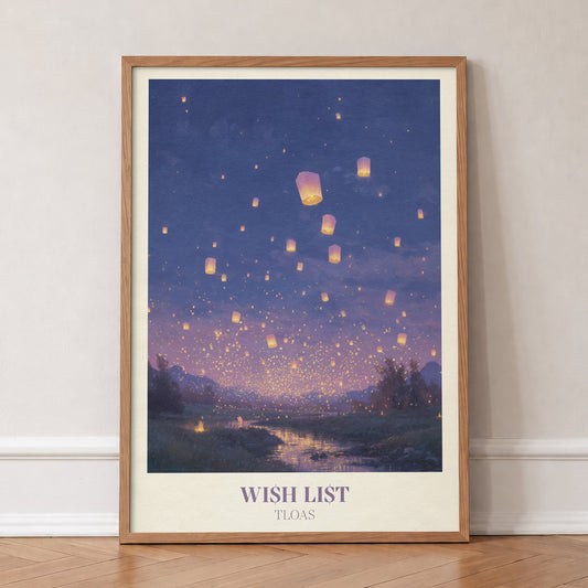 Wish List Taylor Swift print of floating lanterns over a river at twilight, in an oak frame, leaning against a wall on a herringbone floor