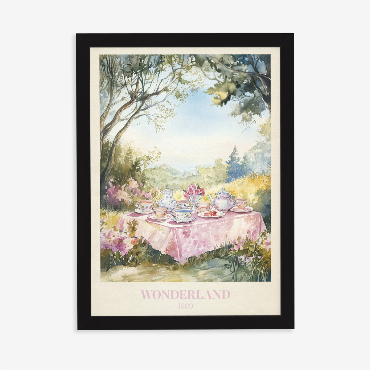 Wonderland Taylor Swift print of a tea party on a pink tablecloth in a sunny woodland clearing, in a black frame on a plain wall