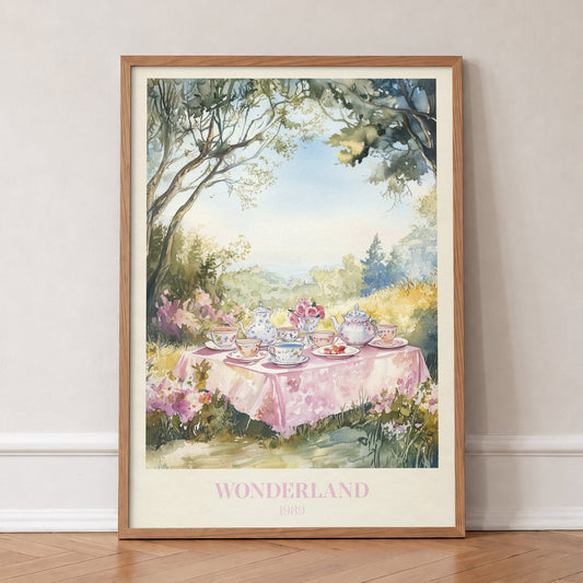 Wonderland Taylor Swift print of a tea party on a pink tablecloth in a sunny woodland clearing, in an oak frame, leaning against a wall on a herringbone floor
