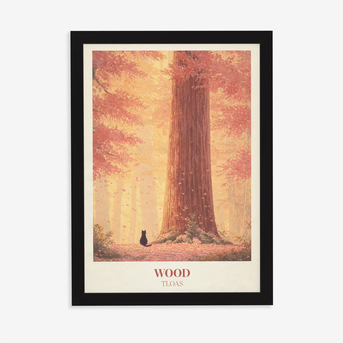 Wood Taylor Swift print of a giant tree in an autumn forest with a small black cat, in a black frame on a plain wall