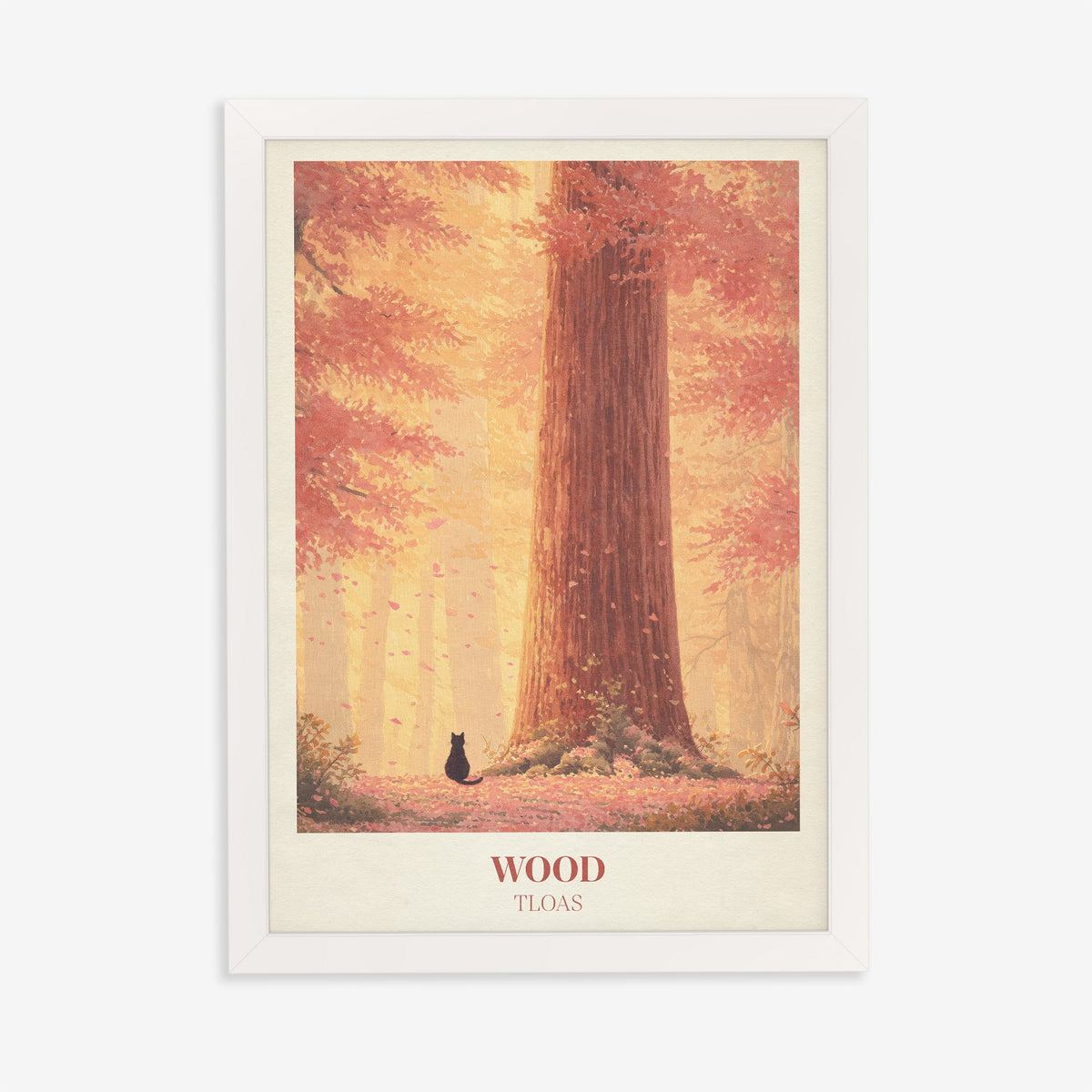 Wood Taylor Swift print of a giant tree in an autumn forest with a small black cat, in a white frame on a plain wall