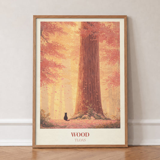 Wood Taylor Swift print of a giant tree in an autumn forest with a small black cat, in an oak frame, leaning against a wall on a herringbone floor