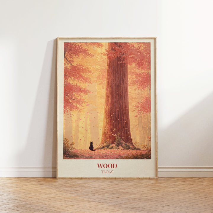 Wood lyric wall art print inspired by Taylor Swift leaning against a white wall on a wooden herringbone floor in soft daylight