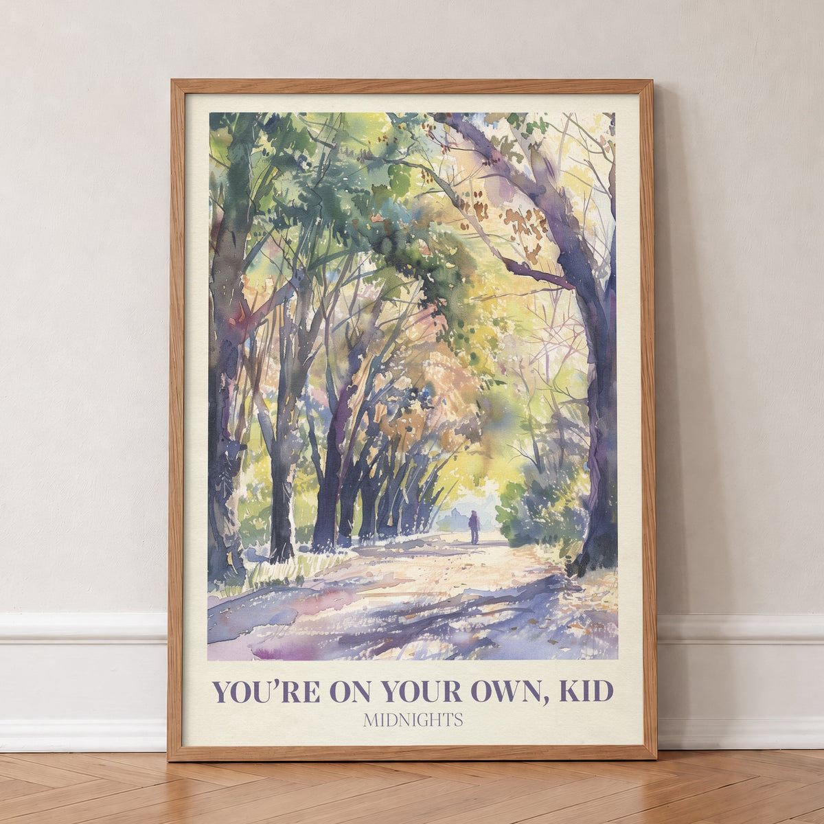 You're On Your Own, Kid Taylor Swift print of a lone walker on a sunlit tree-lined path, in an oak frame, leaning against a wall on a herringbone floor
