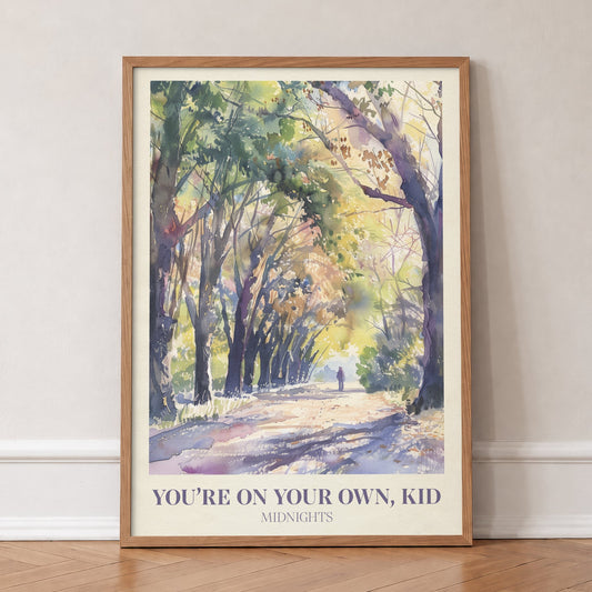 You're On Your Own, Kid Taylor Swift print of a lone walker on a sunlit tree-lined path, in an oak frame, leaning against a wall on a herringbone floor